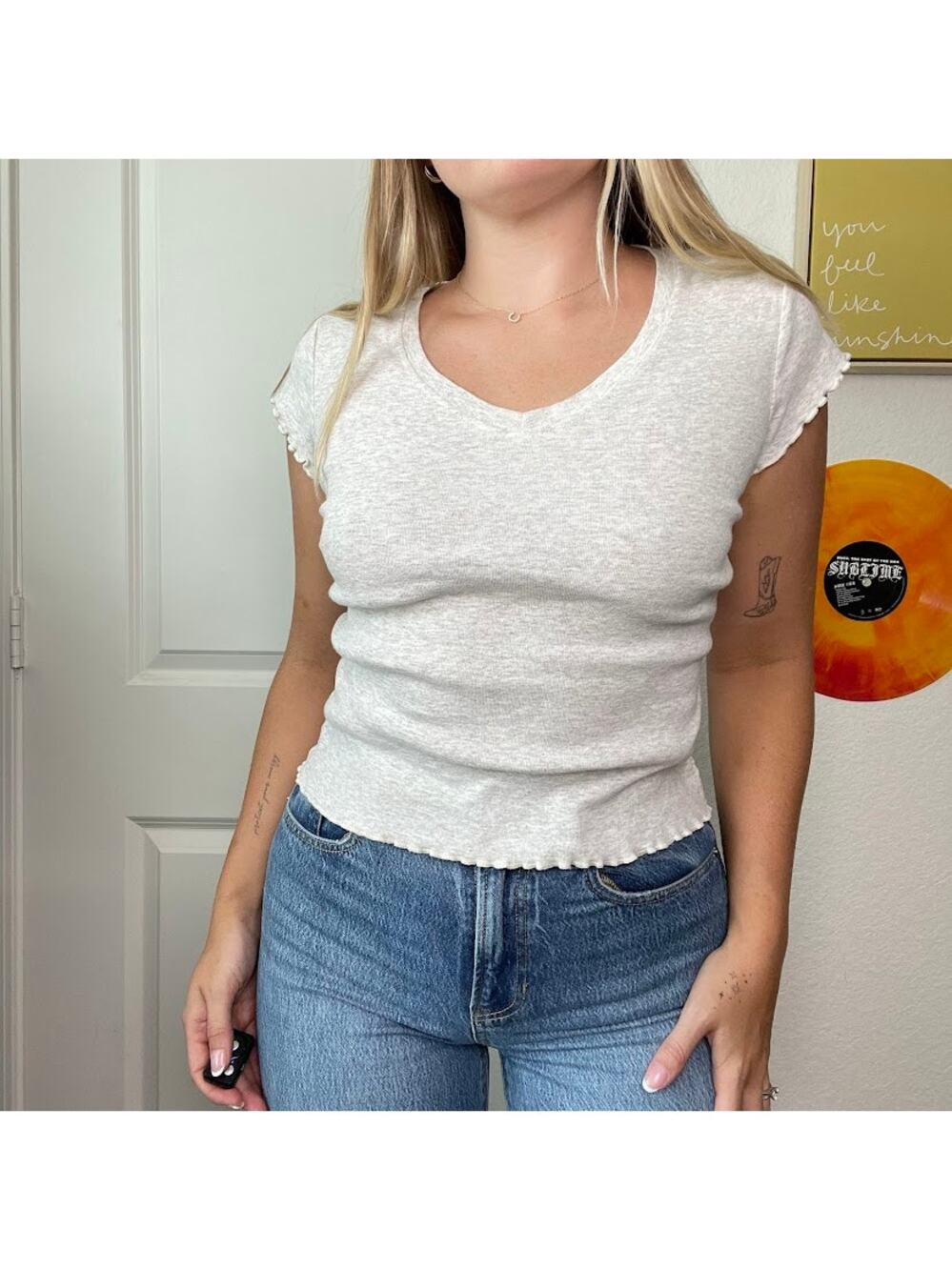 Vintage Y2K 2000s Next Era Beige Lettuce Trim Basic Baby T Sz S